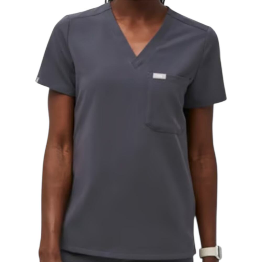 Figs Catarina Scrub Top Chest Pocket V-Neck Side Slits Charcoal Gray XXS
